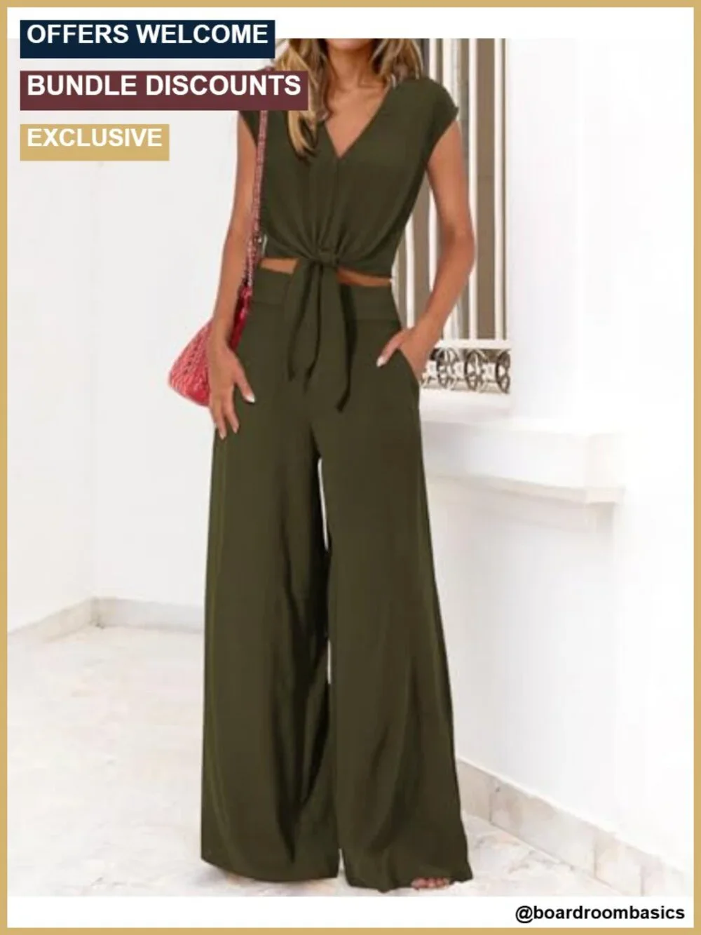 Two Piece Outfits for Women V Neck Crop Top Wide Leg Pants Polyester Lounge Set